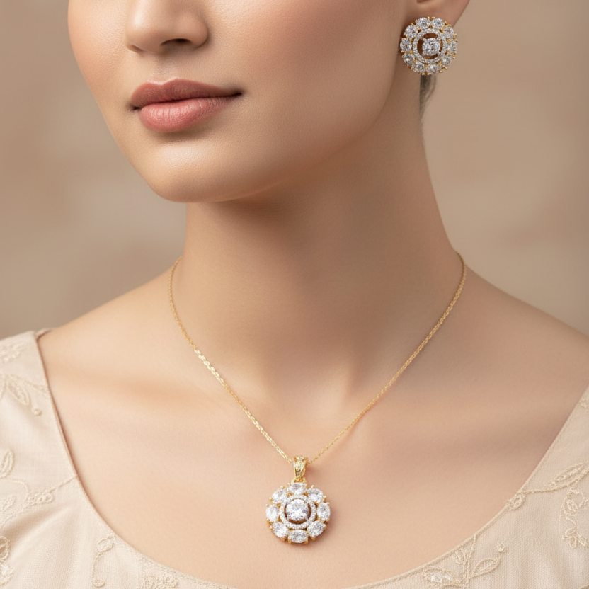 Solitaire flower diamond pendent set I With Chain