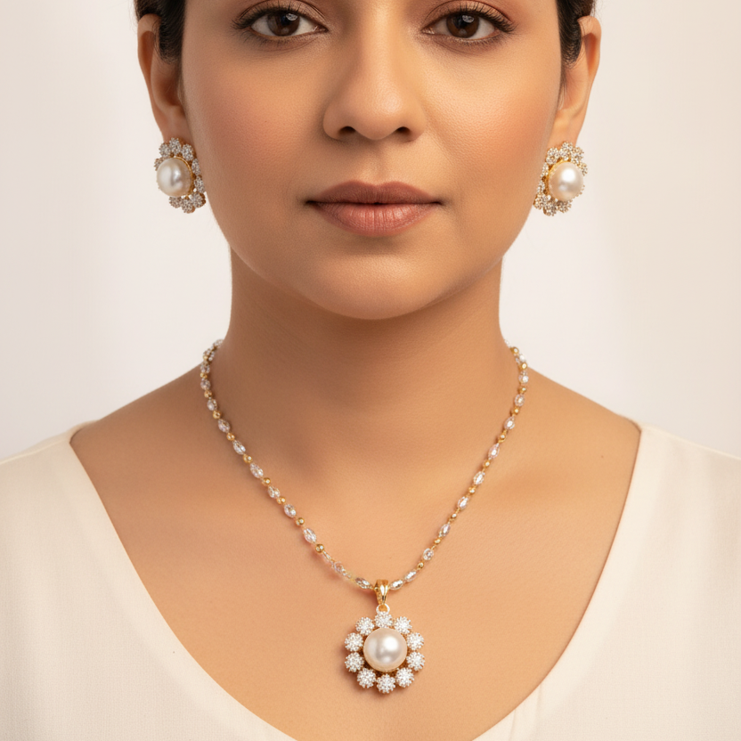 Pearl Blossom Pendant & Earrings Set I Without Chain