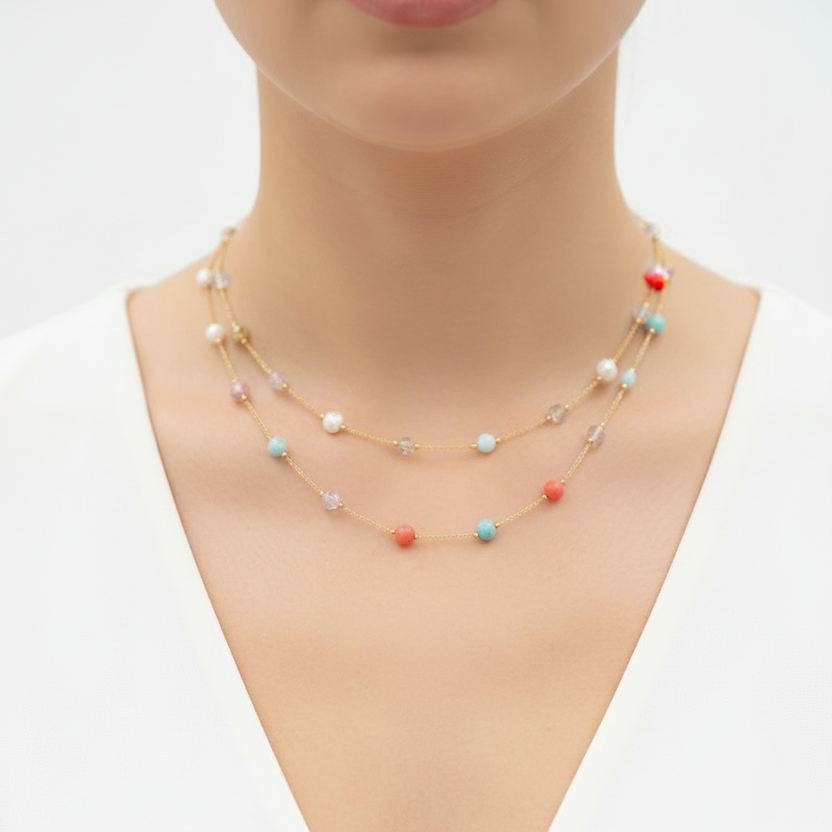 Pastel Beaded Layered Necklace Set