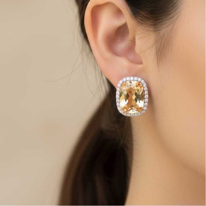 Golden Champagne CZ Halo Stud Earrings  | Rhodium Plating