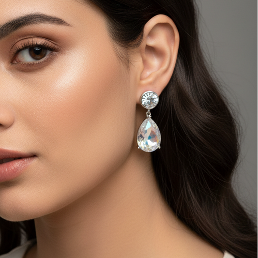 Crystal Teardrop CZ Drop Earrings   – Rhodium Plated