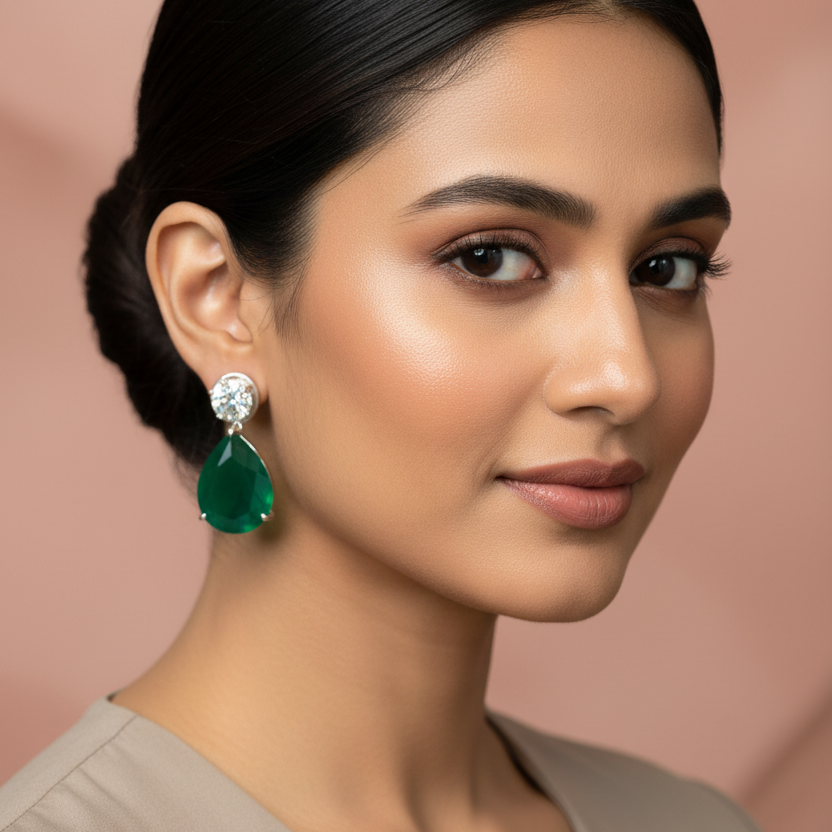 Drop CZ Earrings   | Emerald , Ruby & Pink  | Push back | Platinum Plating I WG