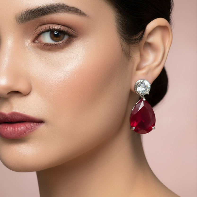 Drop CZ Earrings   | Emerald , Ruby & Pink  | Push back | Platinum Plating I WG