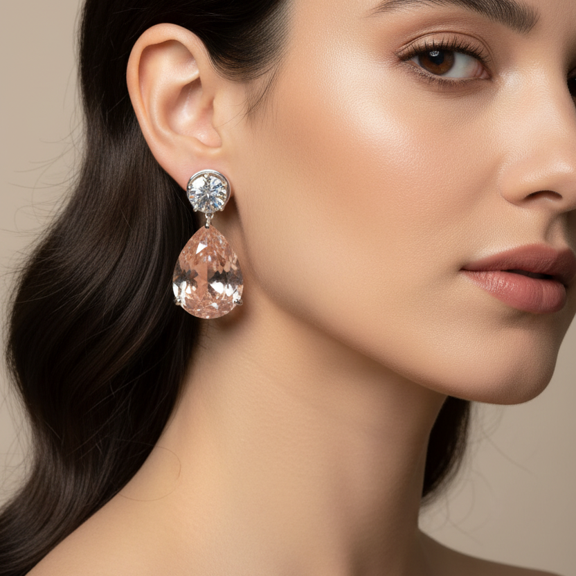 Drop CZ Earrings   | Emerald , Ruby & Pink  | Push back | Platinum Plating I WG