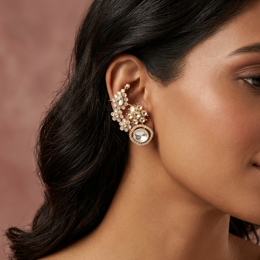 Royal Kundan Floral Earrings with Ear Cuff – Gold Finish