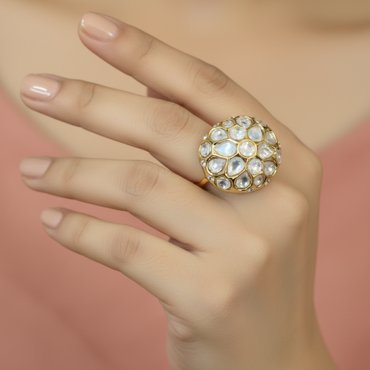 Antique Gold Circular Dome Ring with Mosaic Uncut Moissanite Cluster