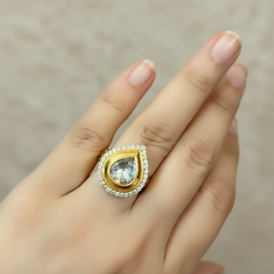 Traditional Gold Pear-Cut Kundan Solitaire Ring with Micro-Pavé Halo