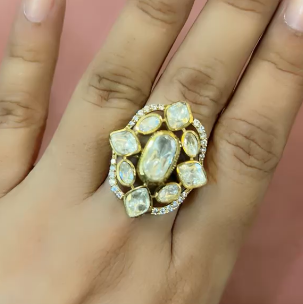 Vintage Gold Uncut Moissanite Cluster Ring with CZ Scalloped Halo
