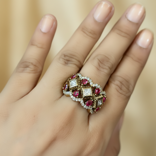 Antique Gold Lattice Band with Square Uncut Moissanite & Teardrop Gemstone Accents