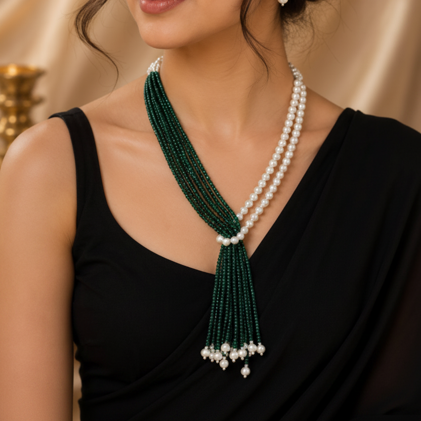 Tie Knot  Beaded Pearl Tassel Necklace Set