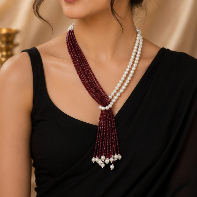Tie Knot  Beaded Pearl Tassel Necklace Set