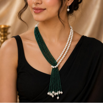 Tie Knot  Beaded Pearl Tassel Necklace Set