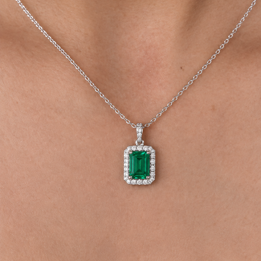 The Emerald Glow Diamond Pendant Set | With Chain | Rhodium Plating