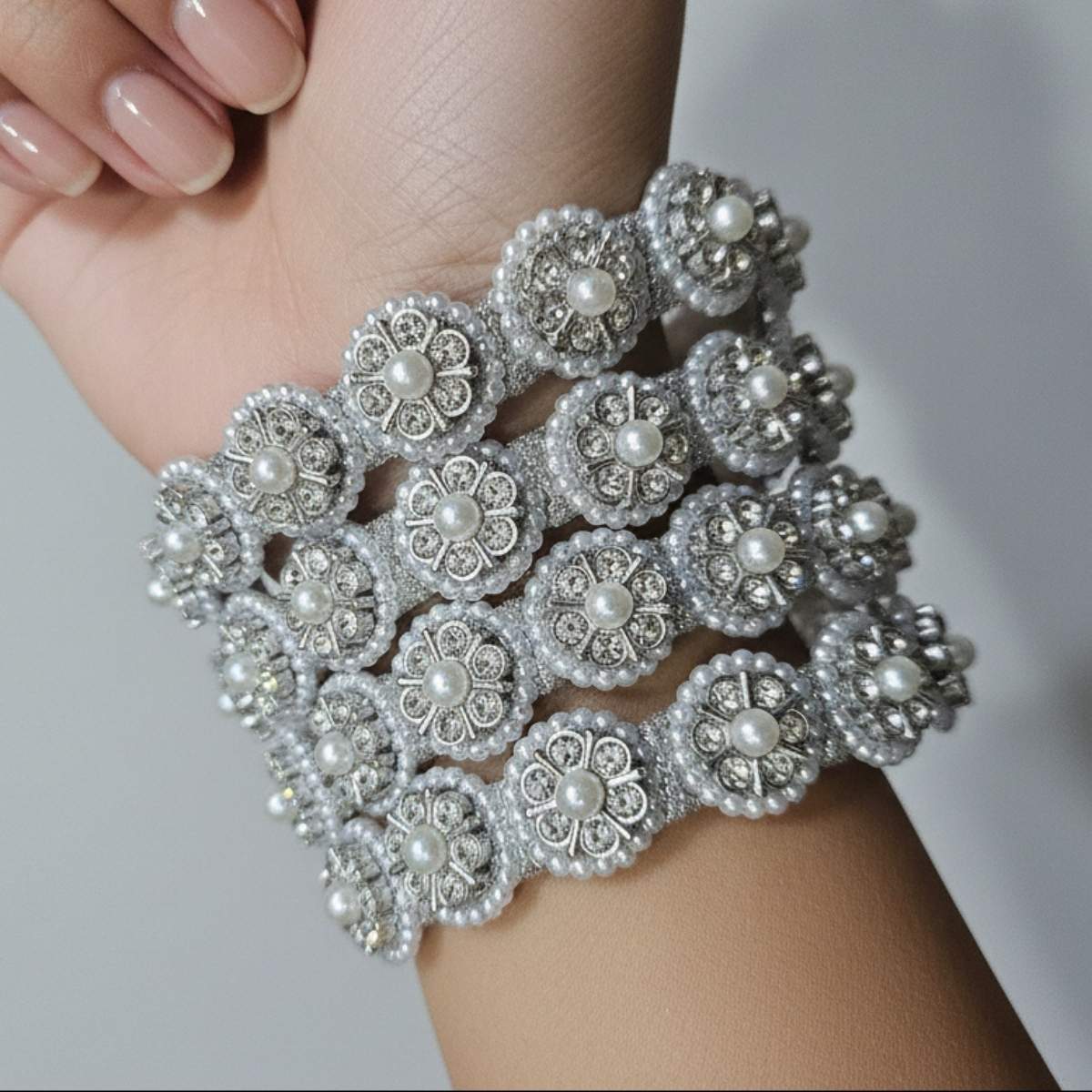 Vintage Victorian Pearl & Crystal Bangle Set