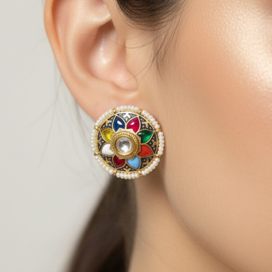 Navratna-Style Pearl Border Pachi Kundan Studs
