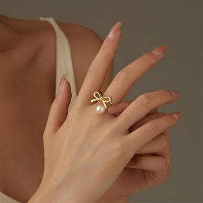 Golden Bow Pearl Ring