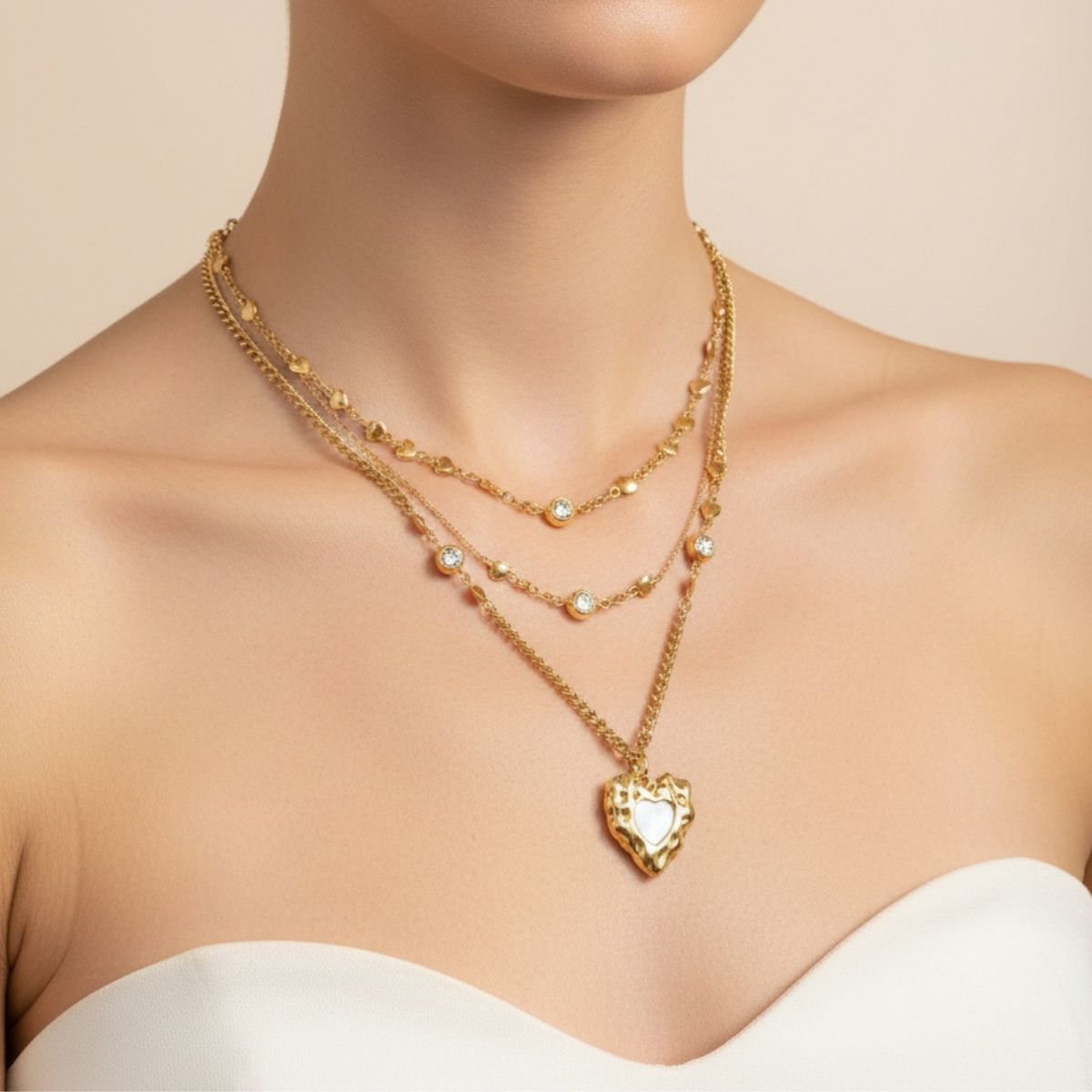 Textured Heart & Crystal Statement Necklace