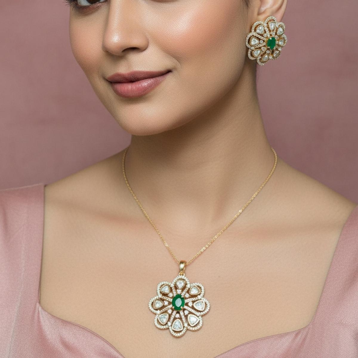 Emerald Bloom Kundan Pendant Necklace Set