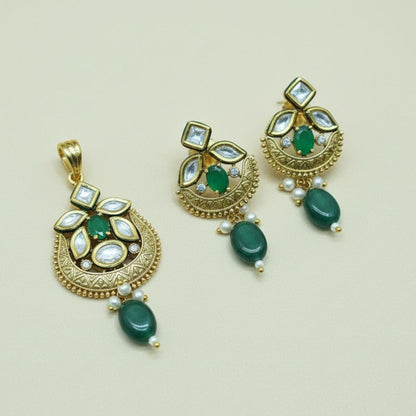 Meher Green Polki Pendant & Earrings Set