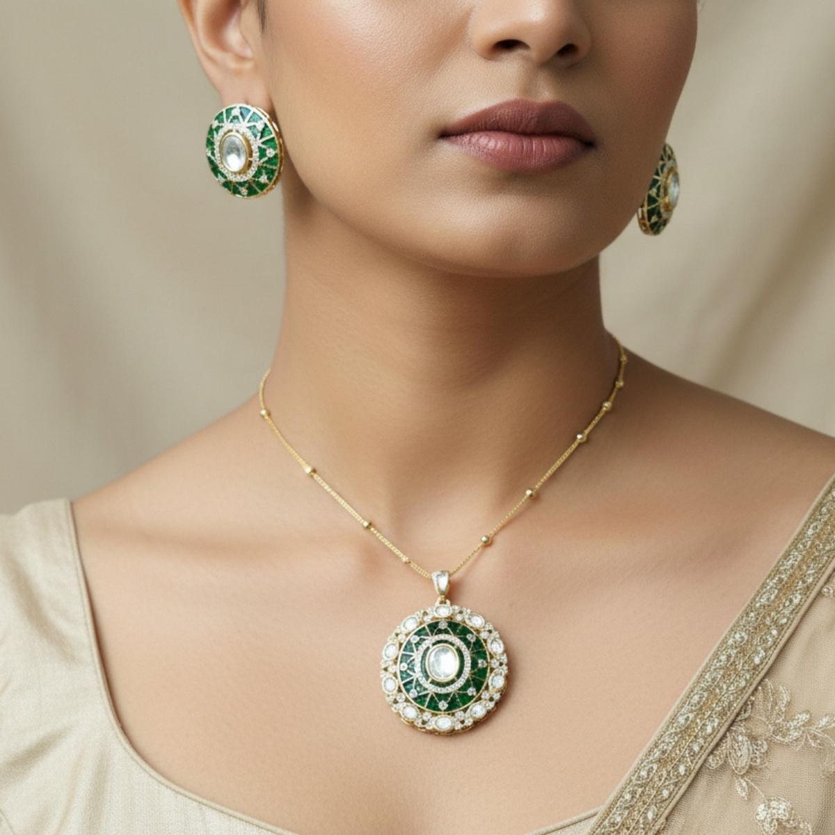 Meher Green Polki Long pendent set