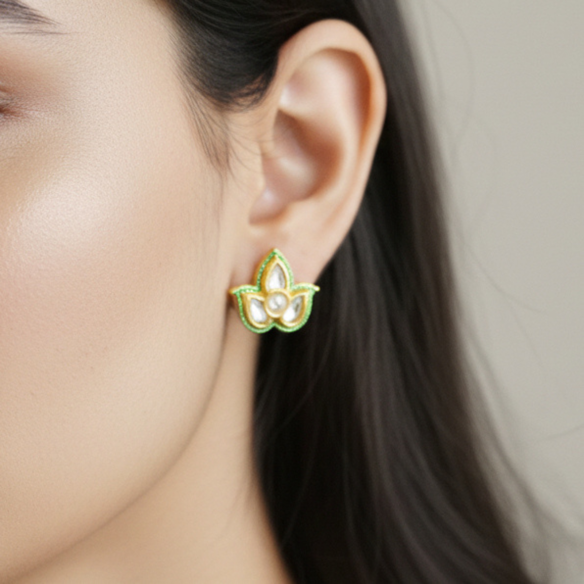 Delicate Kundan Leaf Stud Earrings