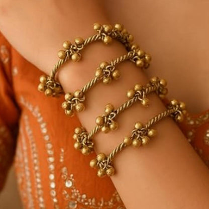 Antique Gold Ghungroo Floral Bangles Set