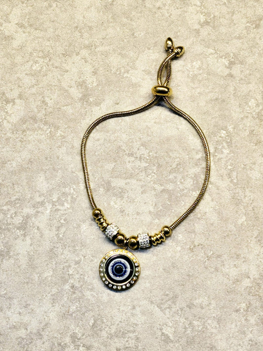 Evil Eye Crystal Charm Bracelet – Gold Adjustable
