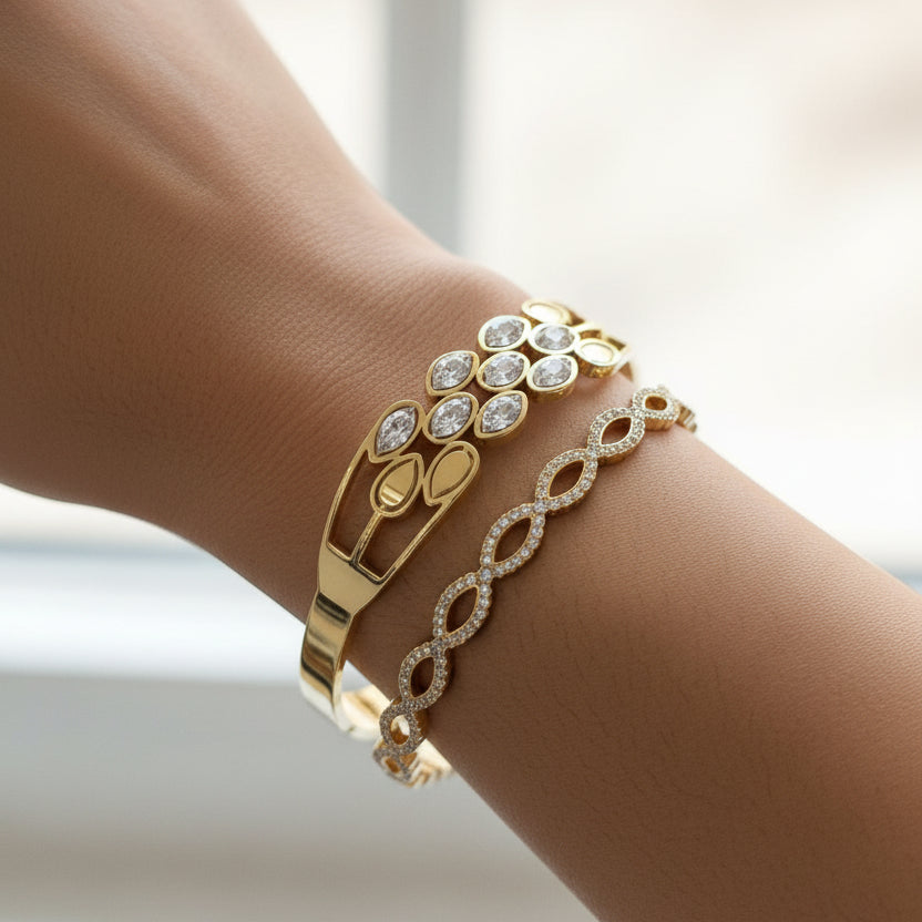 Leaf Detailed zircon bracelet I Anti Tarnish