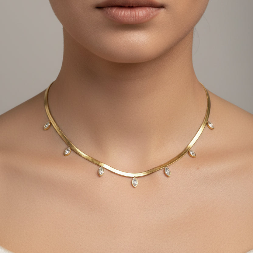 Elegant Gold-Plated Chain Choker with Dangling Leaf Stones