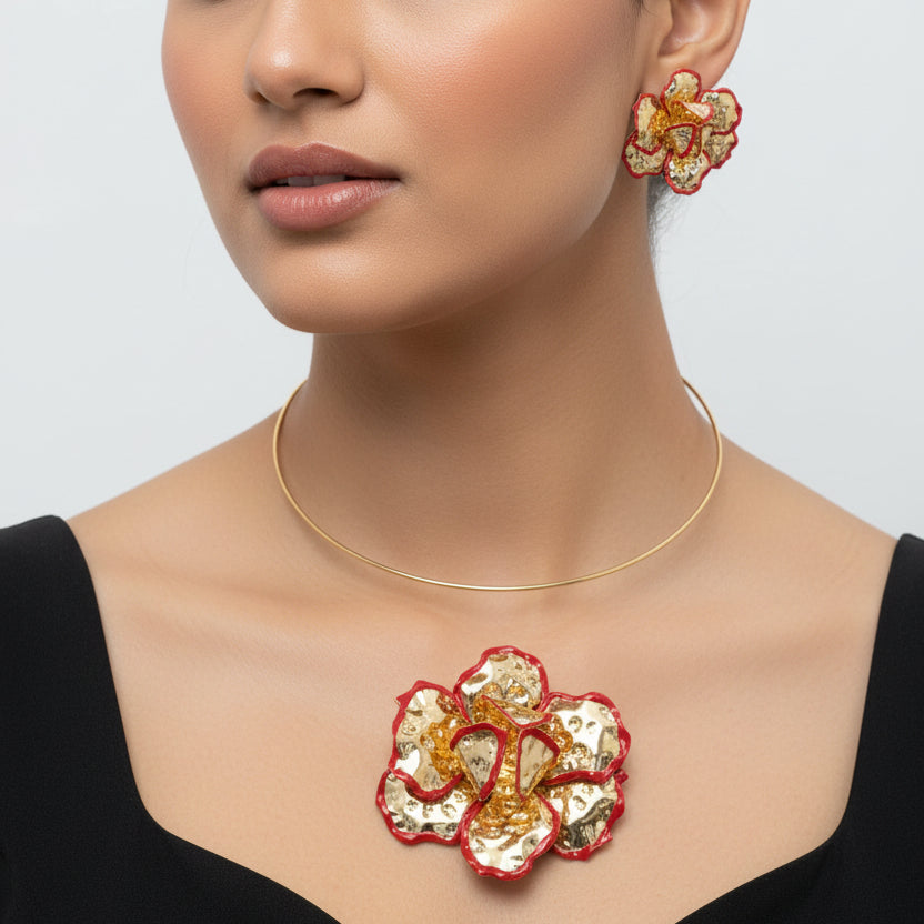 Red gold statement  pendent set I With Earrings