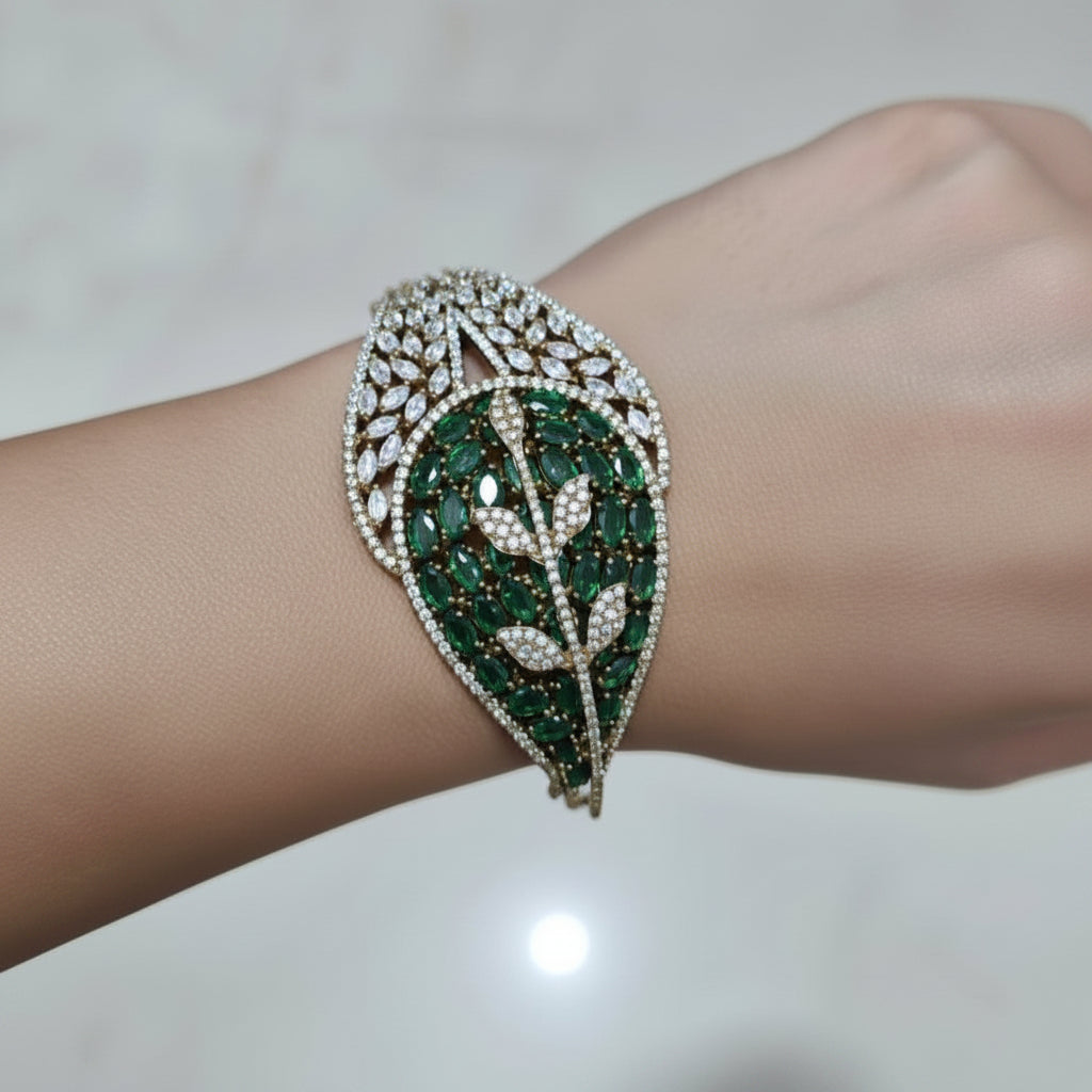 Emerald Leaf CZ Statement Bracelet I Antique Gold