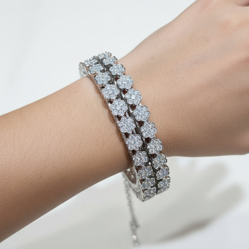 Floral Bloom AD Bangles Kada – Silver Finish