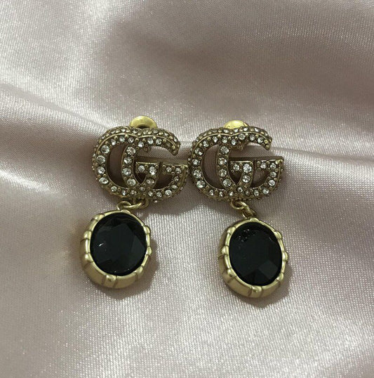 Double G crystal and black stone drop earrings
