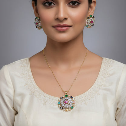 Royal Navratna AD Pendant Set | Without Chain