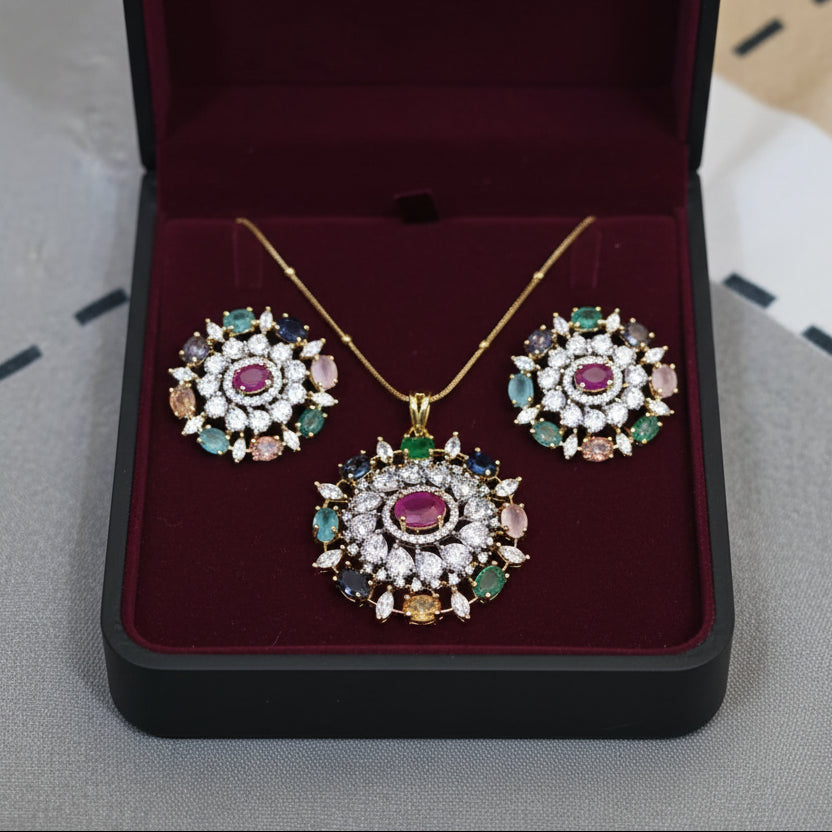 Royal Navratna AD Pendant Set | Without Chain