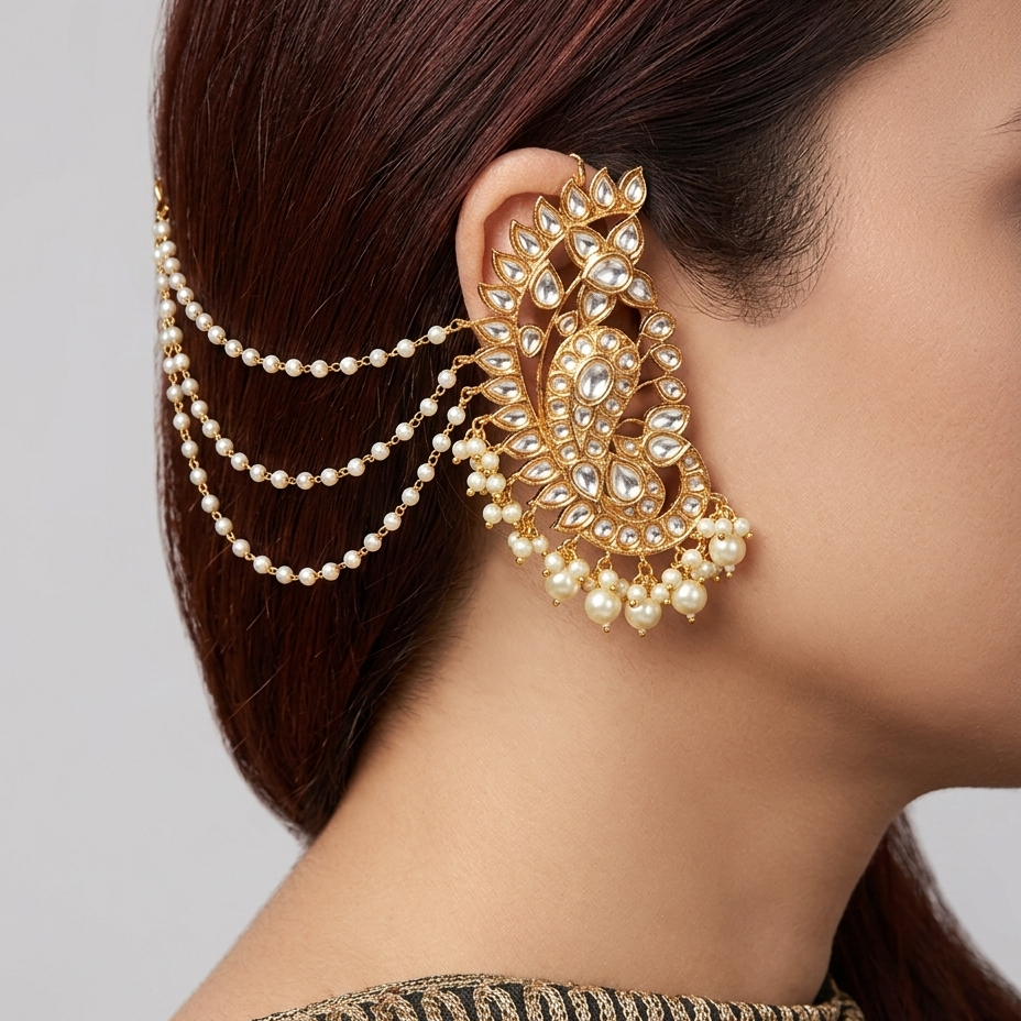 Kundan Pearl Kaanphool with Pearl Chains