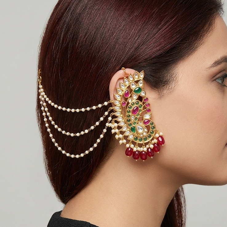 Kundan Pearl Kaanphool with Pearl Chains